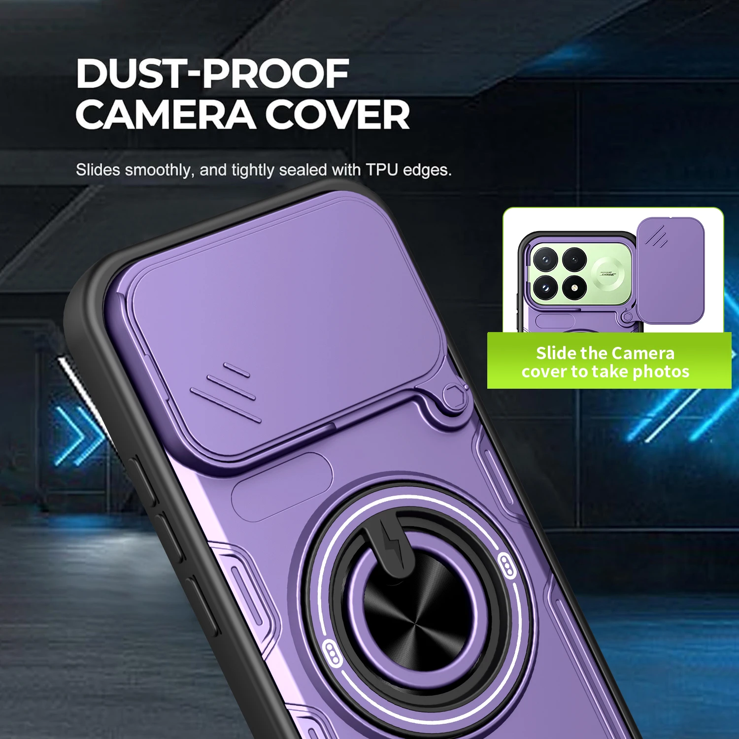 Armor Shockproof Phone Case with Sliding Camera Protector and Metal Ring Stand Holder