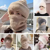 Winter Hats for Women 2024 New Autumn and Winter Collar Scarf Mask One Thick Warm Ear Protection Windproof Hooded Solid Color 1