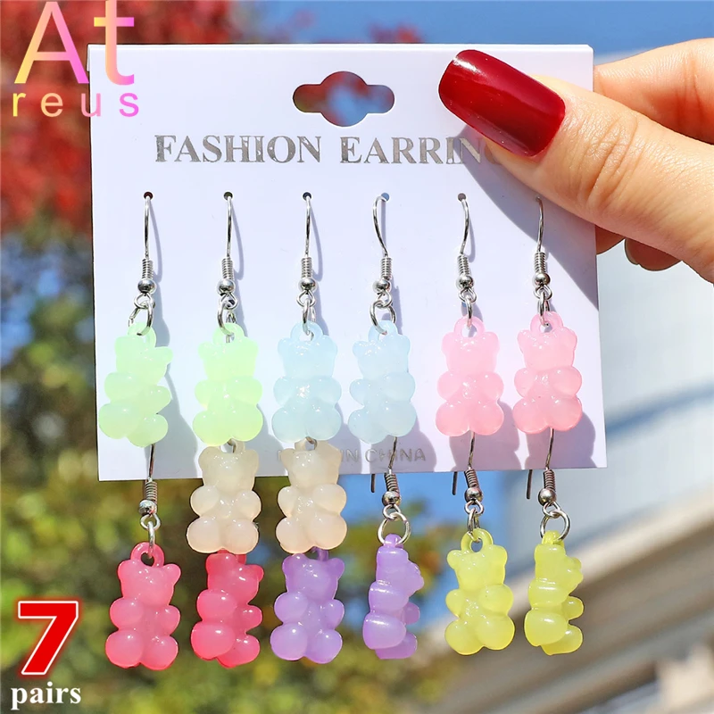 

5/7pairs/set Fluorescent color Acrylic Gummy Bear Drop Earrings for Women Girl Pearl Studs Zirconia Cartoon Animal Shell Earring