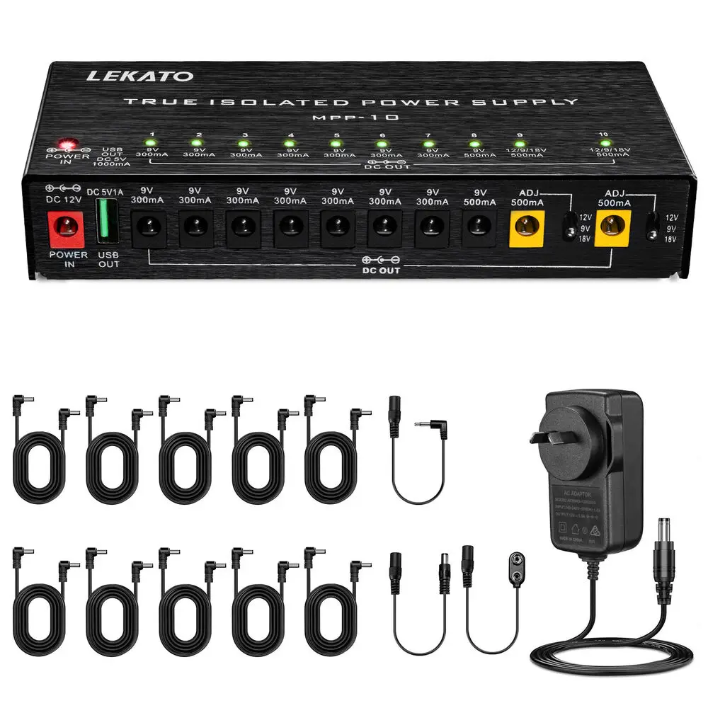 LEKATO 절연 기타 이펙트 페달 전원 공급 장치, 10 개, 5V, 9V, 12V, 18V, 13 케이블