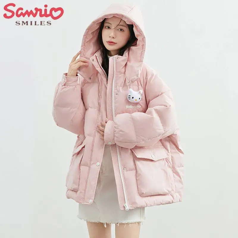 

Sanrio Hello Kitty Down Jacket Cartoon Winter Cotton-Padded Jacket Cute Warm Casual Coat Anime Hooded Cotton Dress Girl Gift