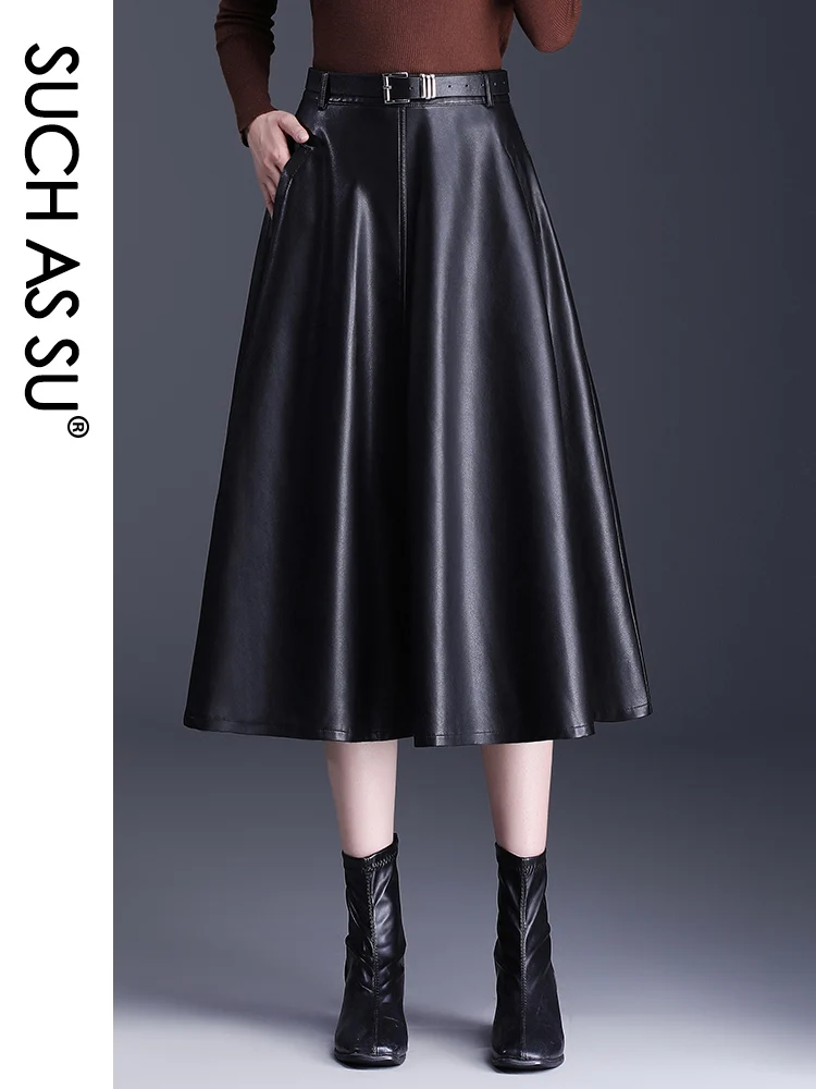 

SUCH AS SU Womens Autumn Winter New Arrival Ladies Skirts Pockets Pleated High Waist Lady PU Leather S-3XL Size Skirts Female