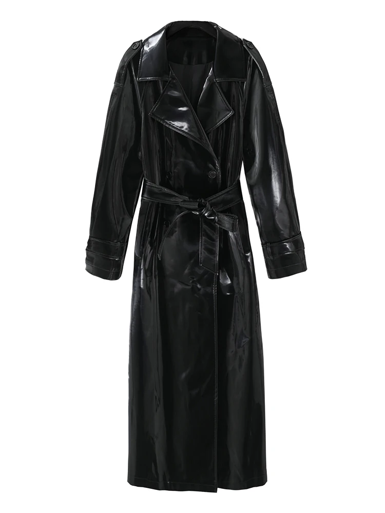 Lautaro Spring Autumn Long Shiny Reflective Patent Leather Trench