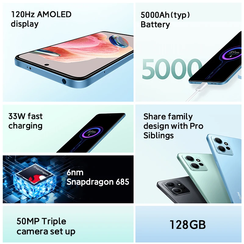 Global Version Xiaomi Redmi Note 12 120Hz AMOLED 33W Fast Charge Snapdragon 685 Octa Core 50MP Triple Camera 5000mAh