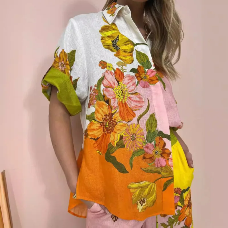 Elegant Pant Sets For Women Catton Linen Floral Printed Polo Collar Half Sleeve Shirt High Waist Wide Leg Pants Trouser Sets