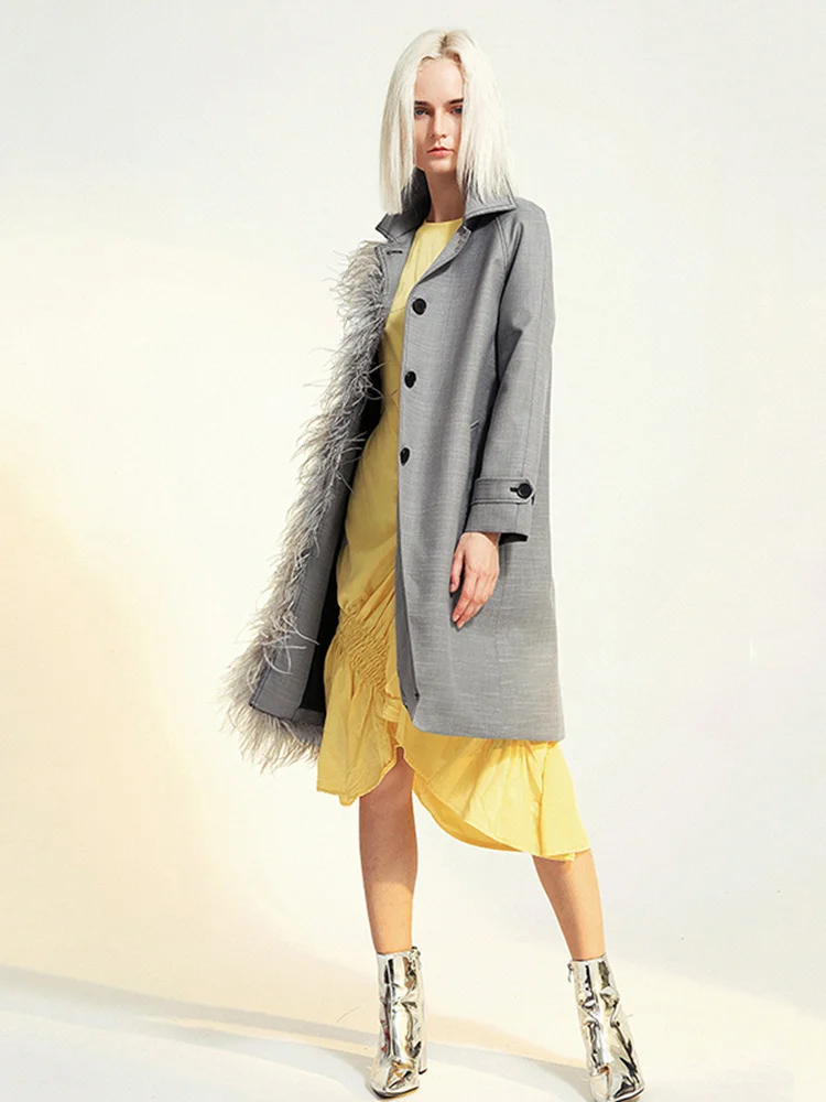 

Women Feather Gray Big Size Long Trench New Lapel Long Sleeve Loose Fit Windbreaker Fashion Tide Spring Autumn 2023 M883