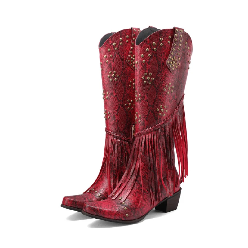 

Brand Sizes 34-43 Tassel Metal Rivet Knee Length Boots Fashion Red Retro Woven Winter 5cm High Heel Chelsea Women's Boots