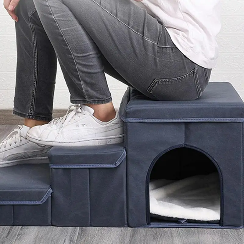 Dog Stairs Non-Slip 3-Step Dog Ladder Foldable D0ggy St-eps Portable Pet Step Stairs With Pet Toy Storage Box Supplies