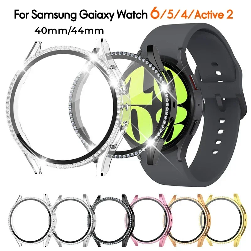 Glass+Diamond Case for Samsung Galaxy Watch 6 40mm 44mm Accessories Bling PC Bumper+Screen Protector Galaxy Watch 6 Cover Case