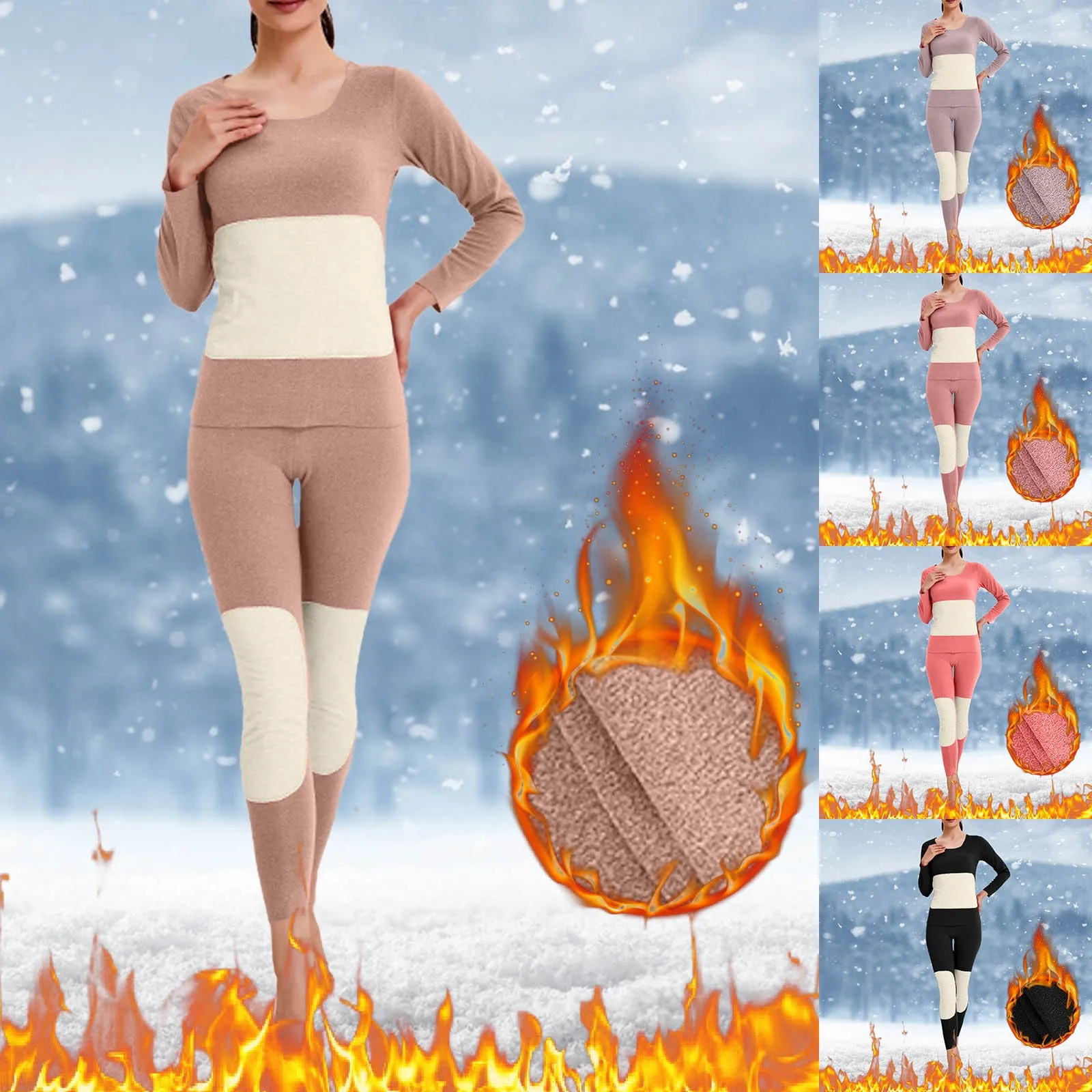 

Women Solid Thermal Underwear Set Velvet Thickened Round Neck Cold Warm Thermal underwear women Women's thermal underwear