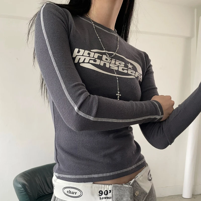 Women Vintage Retro Print Elastic T Shirt Women Slim Crop Top Ribbed Long Sleeve O-neck Tops Grunge Tee Korean Style Pullovers