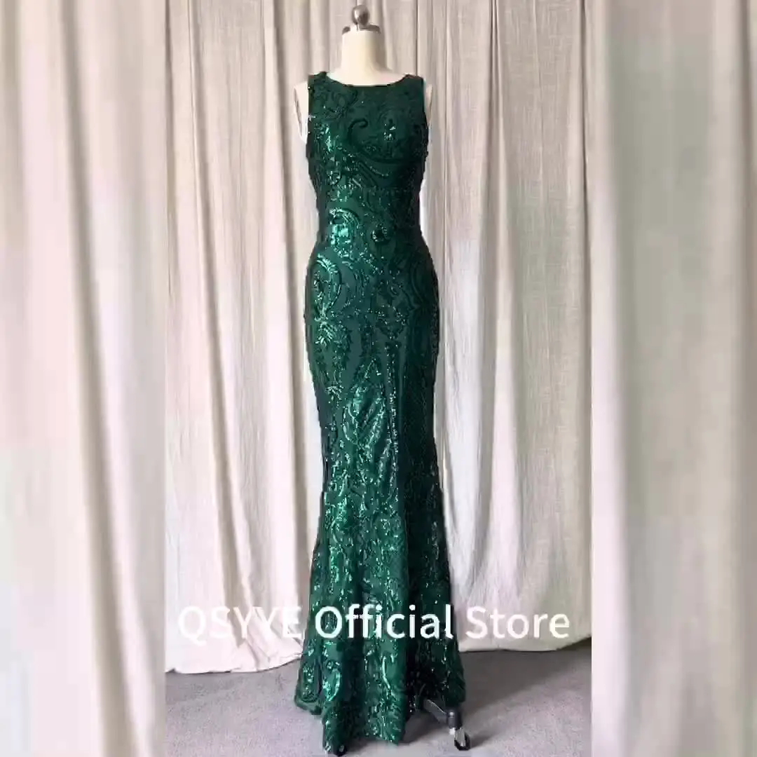 Pattern Lace Green Prom Dresses Sequined Scoop Neck Sleeveless Mermaid  Evening Gown Open Low Back Elegant Emerald Woman Dress - AliExpress 320