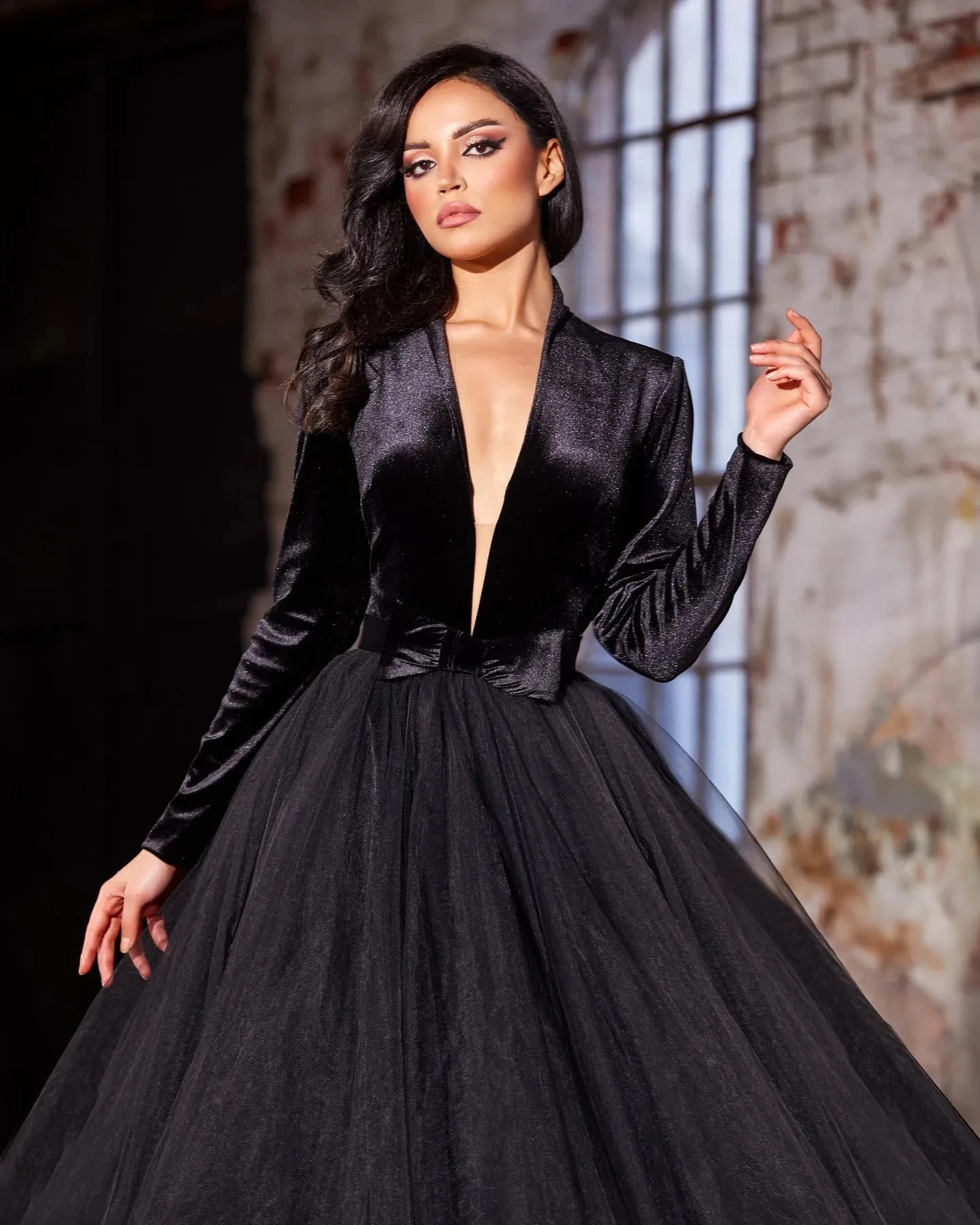 Gothic Black Lace Long Sleeve Evening Gowns With Long Sleeves, Open Back,  Tulle Skirt, A Line Sweep Train, And Plus Size Option Perfect For Prom,  Formal Parties, Or Arabic Women CL1734 From