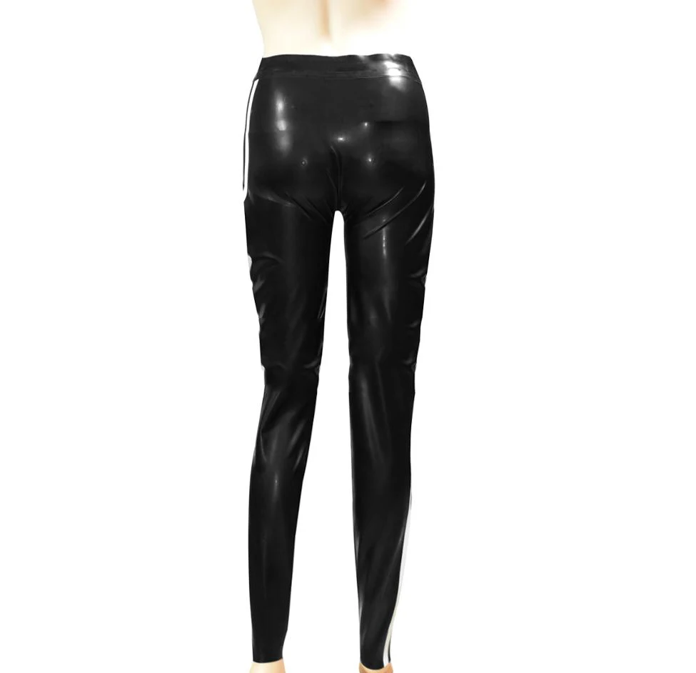 With pe nis shea th design pants men's black latex slim trousers with side white stripes decorations