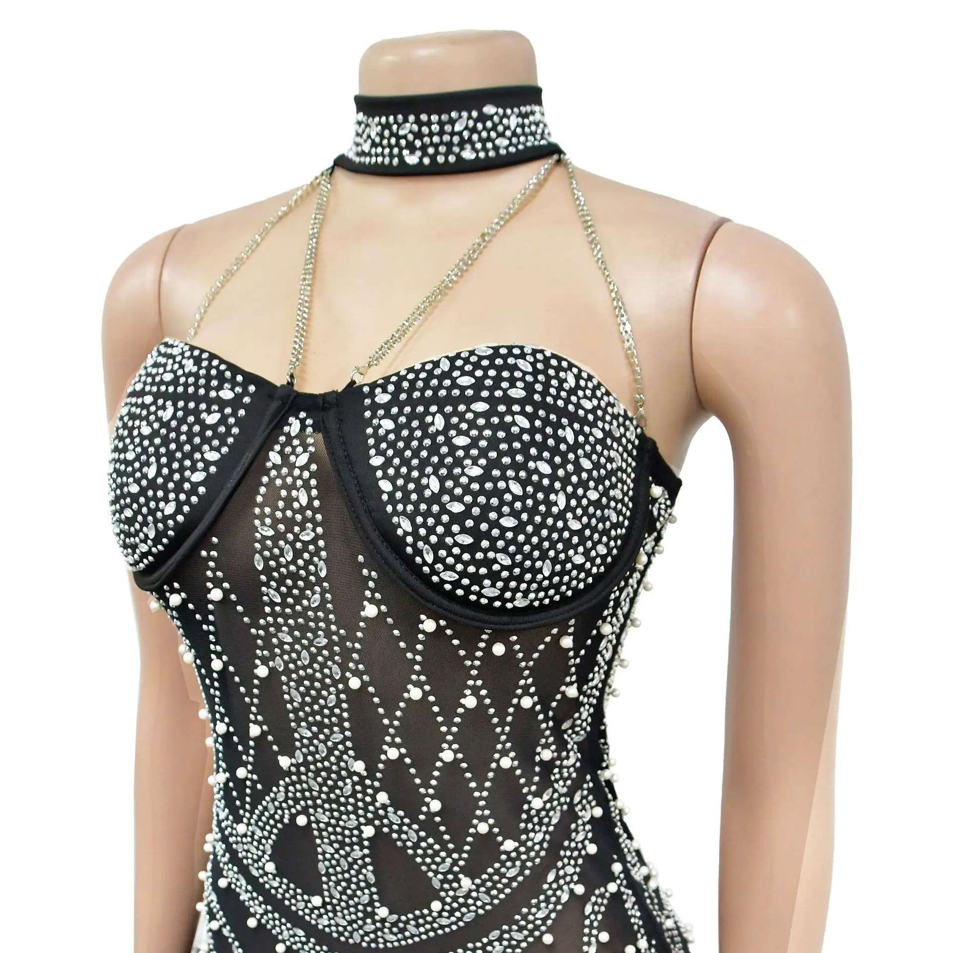 Sexy Mesh Rhinestone Feather Jumpsuit Women One Piece Outfit 2023 Summer Fashion New Club Pants Female Elegant Luxury Playsuits