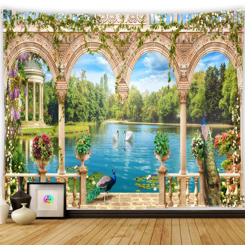 Europäische Landschaft Wandteppich Natürliche Meerblick Wasserfall Ästhetik Böhmischen Hippie Wohnkultur Landschaft Wandteppich Hängen – Detail 22