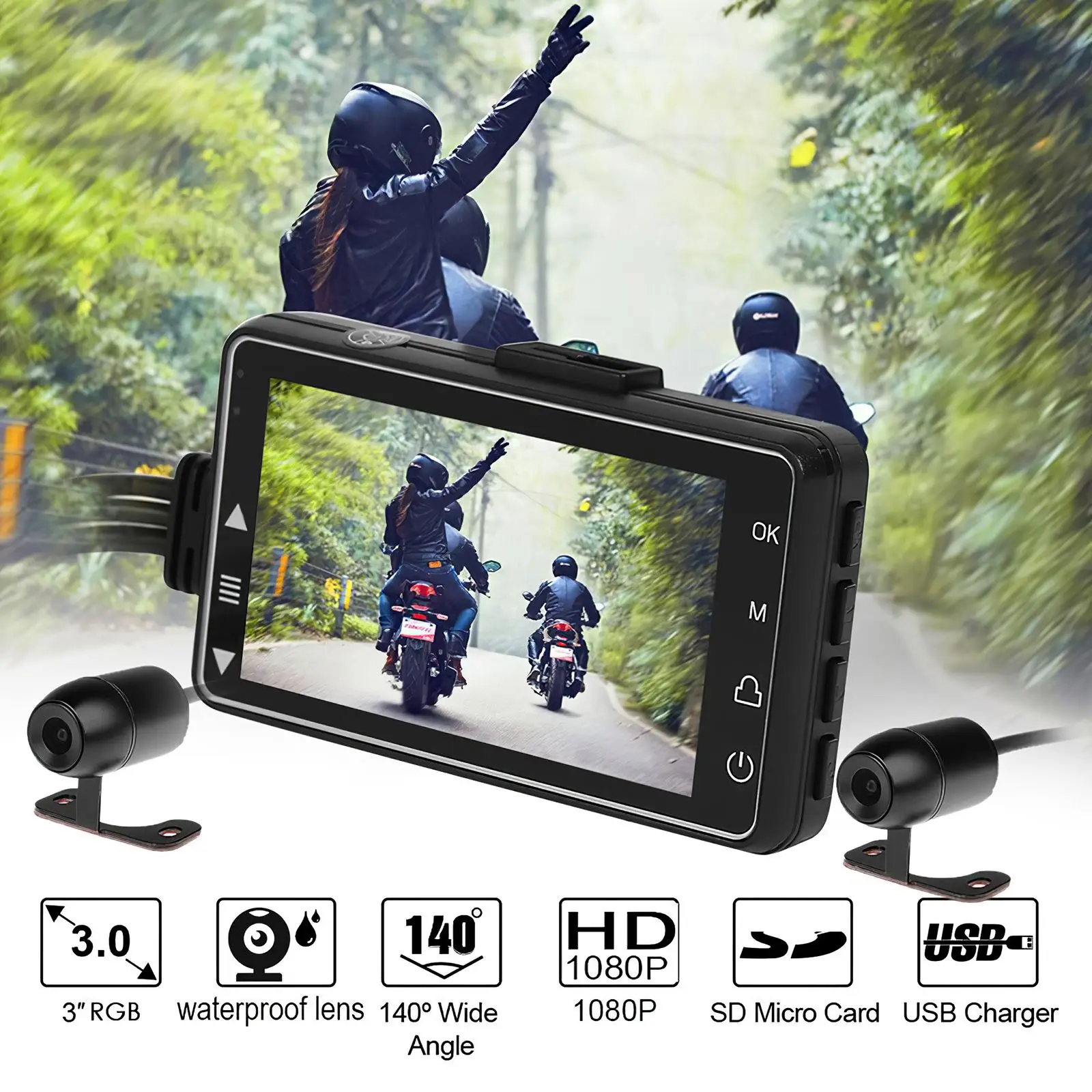 

3 inch motorcycle and locomotive driving recorder HD waterproof front and rear dual card reader, 32G memory card-black