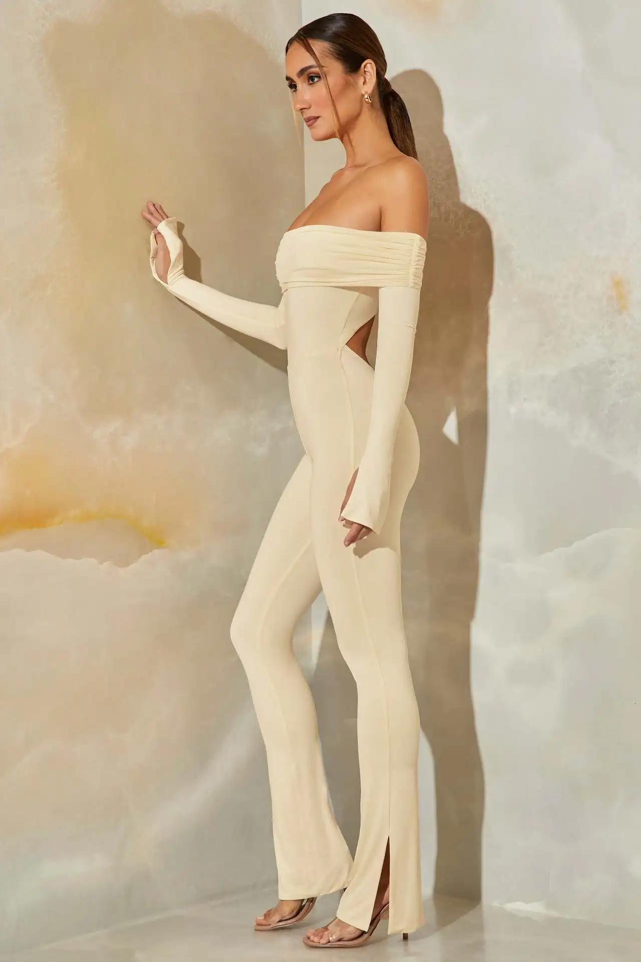 Elegant Micro Flare Women's Jumpsuit Long Sleeve Solid Color Slim Off Shoulder Backless Female Siamese