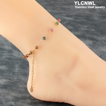 여성용 천연석 크리스탈 비즈 발찌, 스테인레스 스틸 발목 팔찌, 다리 체인, 금도금 비치 발 쥬얼리