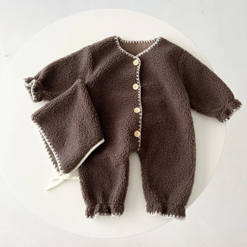 Winter Fashion Baby Romper Lamb Wool Jumpsuit Hat Set for Boys Girls Loose Toddler Infant Rompers Plush Kids Clothing 0-3Years 4