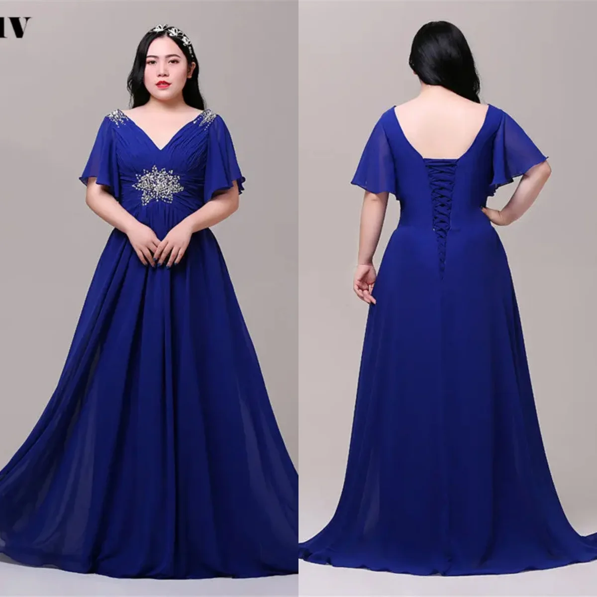 

Evening Dress Robe De Soiree Royal Blue Chiffon V-neck Short Sleeves Beads A-line Floor Length Plus size Women Party Formal Gown
