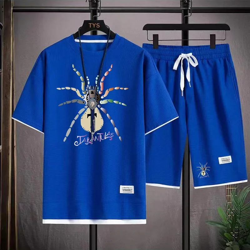 thumbnail image 1 of Conjunto deportivo informal de marca de moda de verano para hombre con pantalones cortos holgados de manga corta y cuello redondo, conjunto de dos piezas con diseño de gofre, conjunto de versión corea, 1 of 5