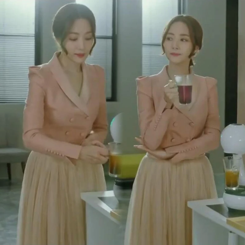 Kpop Park Min Young Korean Drama Same Office Lady Elegant Pink Short Blazer Jacket + Lace Elastic Long Skirt Women Two Piece Set