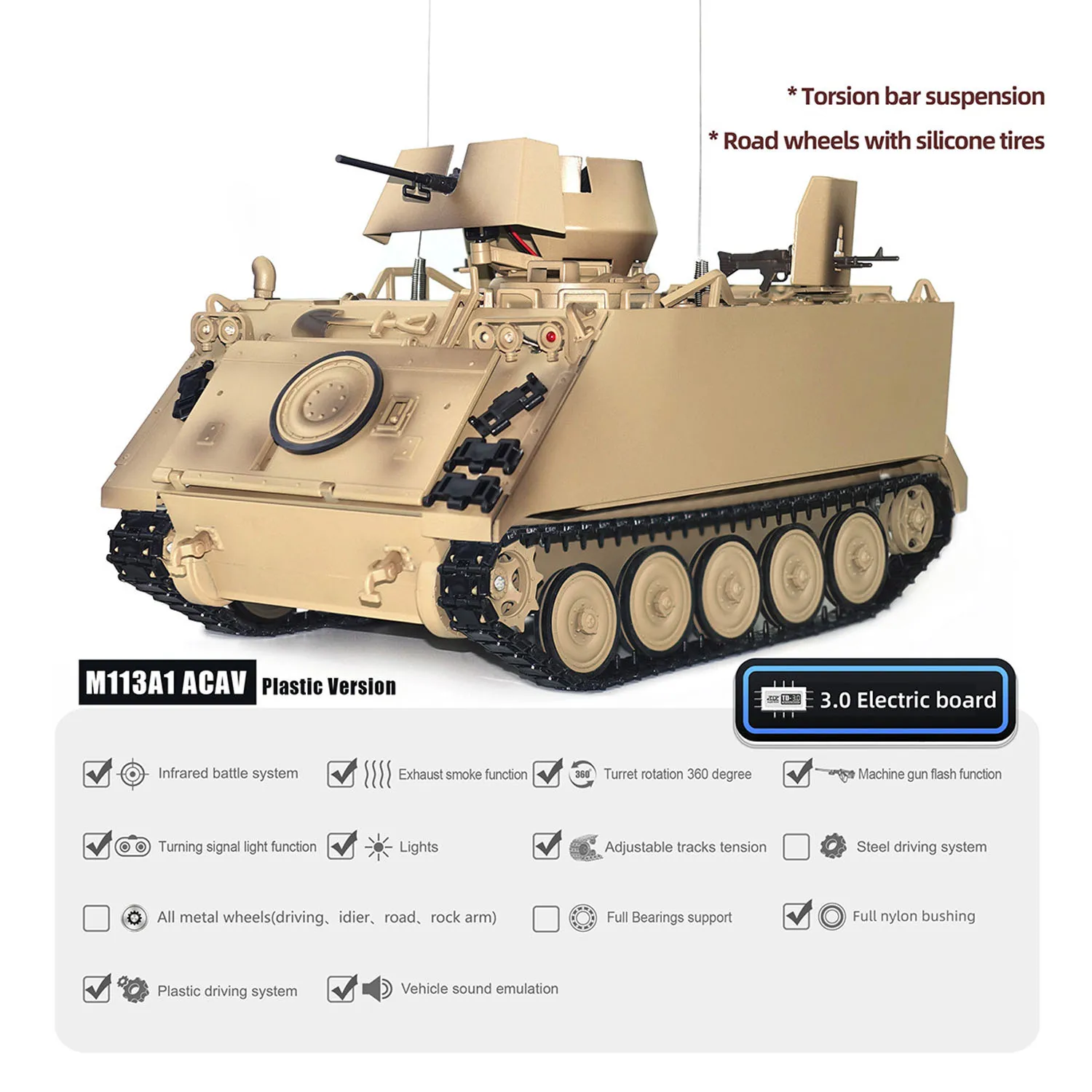 Profil du char RC Tongde M113A1 ACAV avec détails de chenilles et fumée simulée