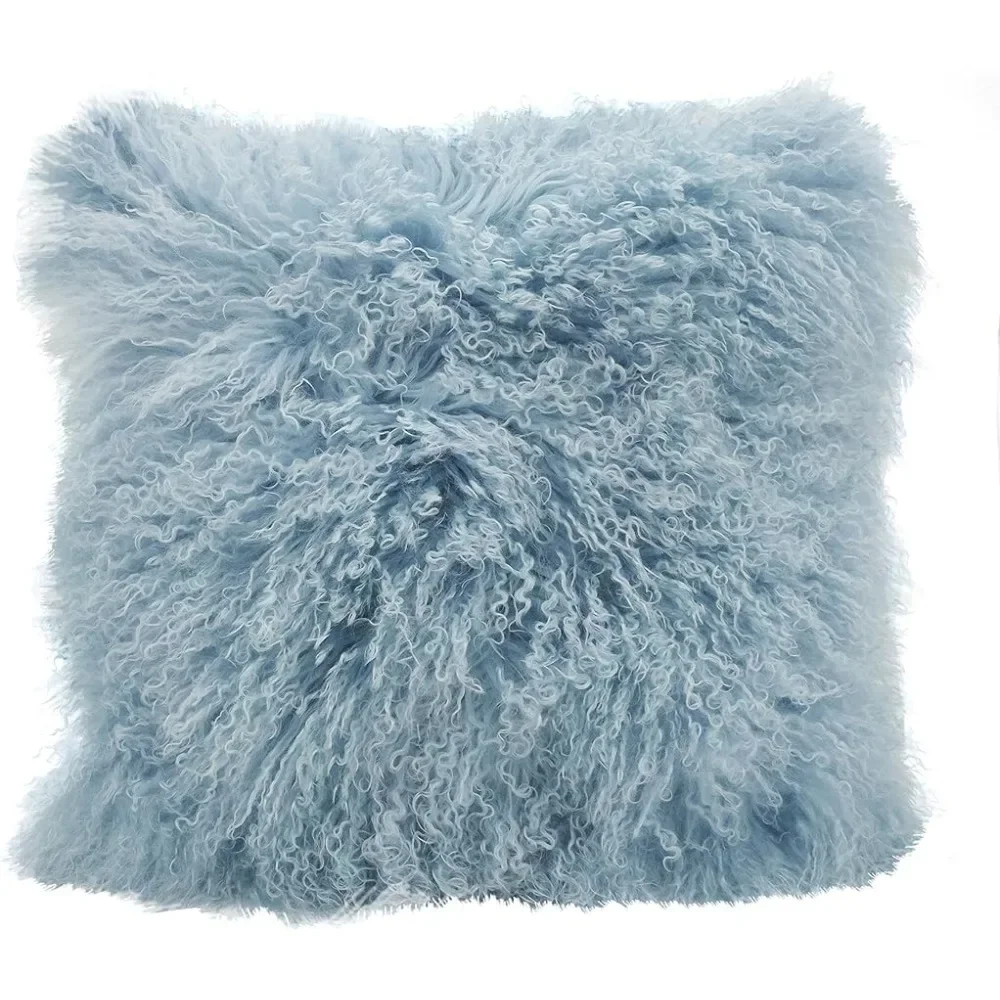 

Mongolian Lamb Fur Throw Pillow with Poly Filling , Square,100% Wool 20", Ice Blue