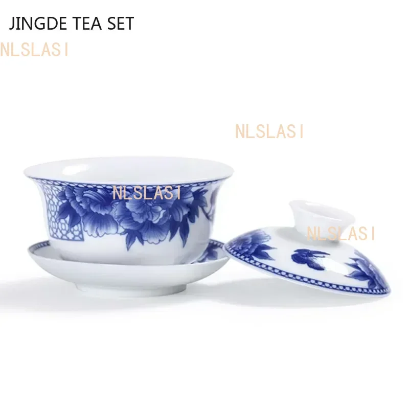 Jingdezhen White Porcelain Gaiwan Tea Cup Blue and White Porcelain Tea Maker Ceramic Handpainted Tea Bowl Tea Set Supplies