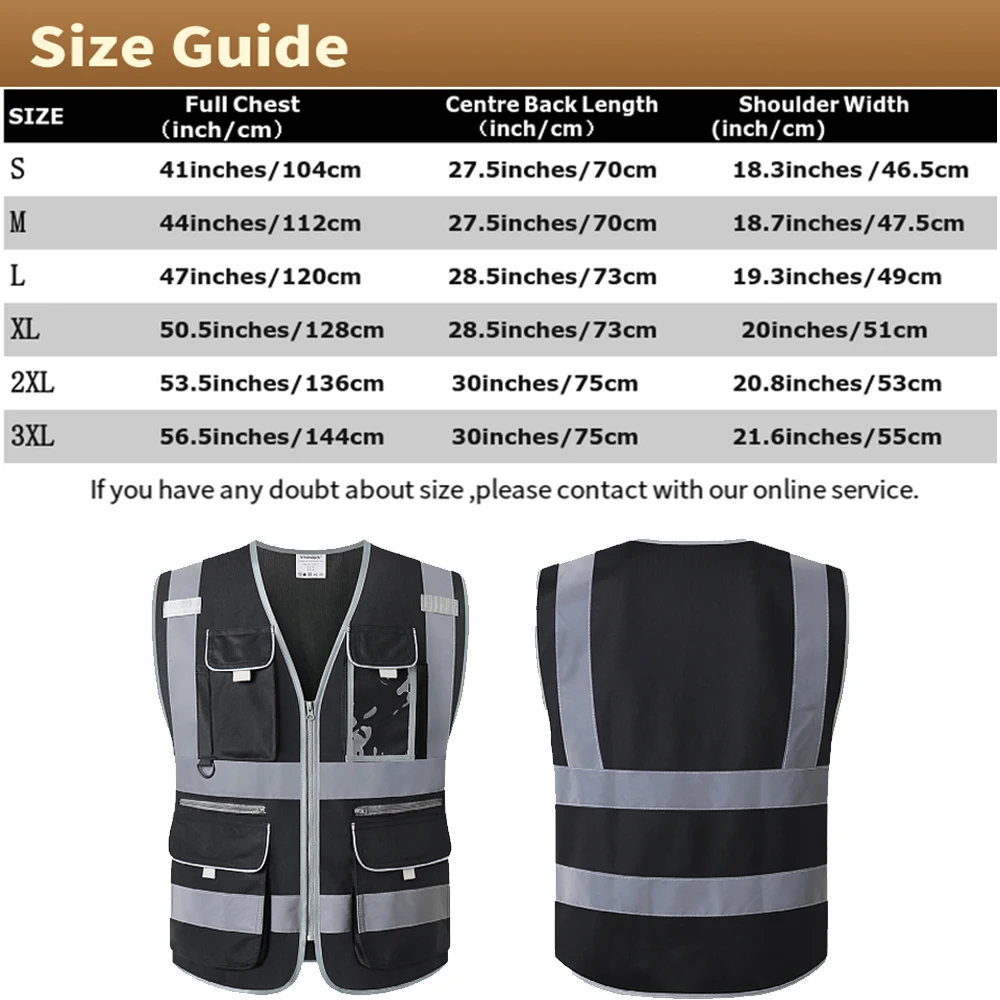 9 Multi-Pockets Black Safety Vest Reflective with Pockets and Zippers Construction Reflective Work Vest For Men Plus Size