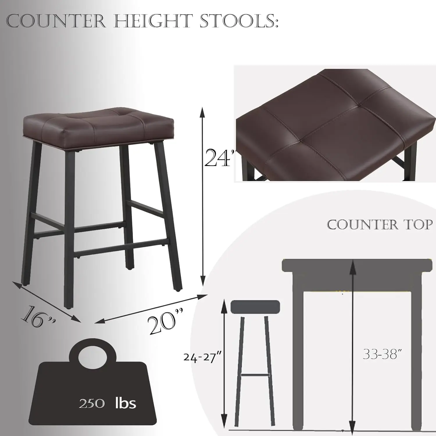 Bar Stools Set of 2 Kitchen Counter Height Saddle Bar Stools with Faux Leather Seat Padding Breakfast Kitchen Stools for Kitchen 3