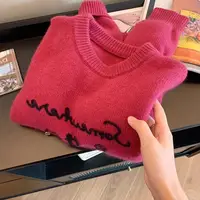 Sli Embroidered Letter round Ne Sweater Women's Autumn Winter New Sweet Youth Knitted irt Korean Loose Fit Long Sve