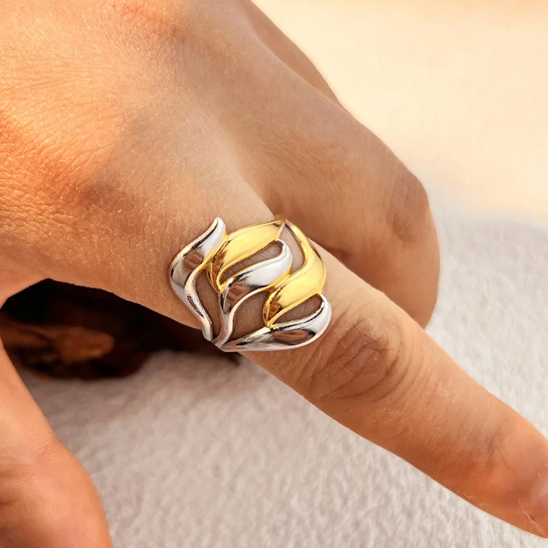 18K Gold Plated Mix Color Two-tone Geometric Ripple Open Rings Polished Metal Knuckle Ring Punk Jewelry Party Gifts Wholesale