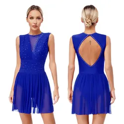 Women Figure Skating Ballet Gymnastics Modern Lyrical Dance Performance Dress Sleeveless Rhinestone Sheer Mesh Leotard Dancewear