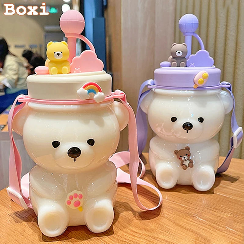 

Kawaii Bear Water Bottles For Girls Kids Straw Clear Plastic Cold Brew Cup Portable Strap Large Capacity Milk Bubble Tea Cups