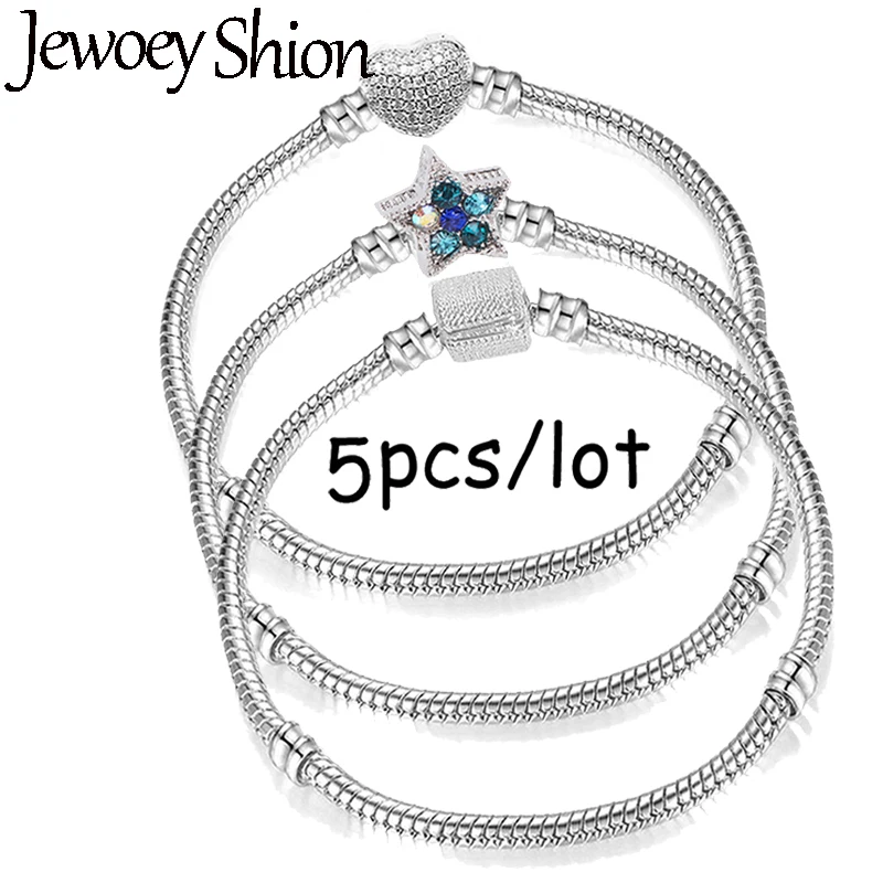 

Jewoey Shion 5Pcs/lot Vintage Silver Plated Charm Bracelets European Style Snake Chain Fit Brand Bracelets For Women DIY Jewelry