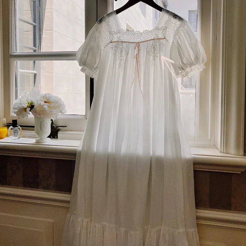 Summer Vintage Pure Cotton Night Dress Women Sweet Short Sleeve Nightdress  White Long Nightgown Princess Sleepwear Nightwear - AliExpress 200574005