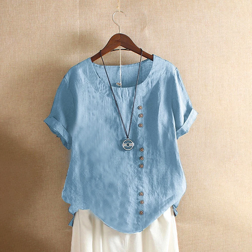 18 Colors S-5XL Women's Cotton Linen Button Blouse Summer Female S Neck Short Sleeve Solid Shirt Tops