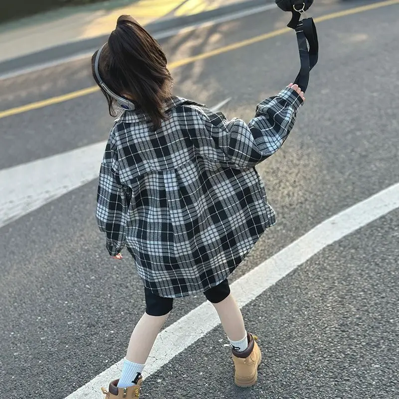 남아용 긴팔 체크 무늬 셔츠, 어린이 레트로 컬러 패치워크 카디건, 라펠 탑 코트, 여아, 가을, 신상
