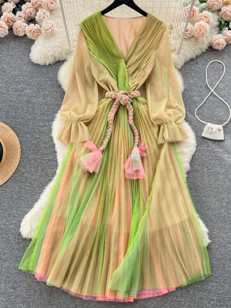 

Autumn Fashion Elegant Casual Women Dress Long Sleeve Pleated A-Line Party Beach Midi Vestidos Female Chic Solid Vintage Robe