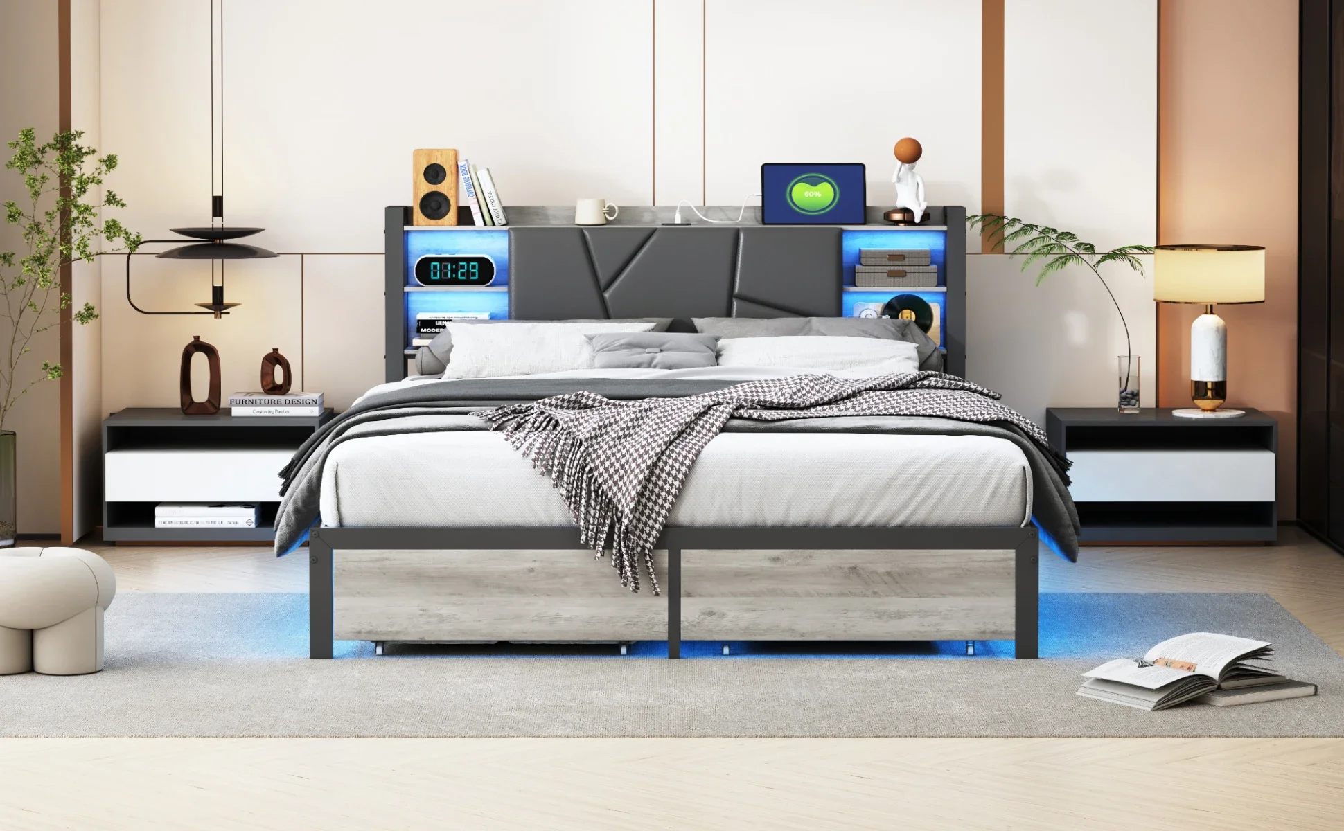 Rosahqnda gepolsterter Doppelbettrahmen 140–160–180 x 200 cm mit 2 Schubladen, Aufbewahrungs-Jugendbett, Gästebett, Apartmentbett, Eisenbett, PU – Detail 5