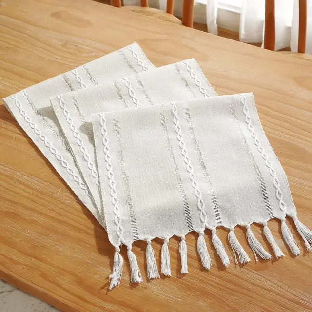Rustic Farmhouse Style Linen Table Runner, Boho Handmade Fringe Braided Stripe Table Runners for Holiday and Dining Decorations 6