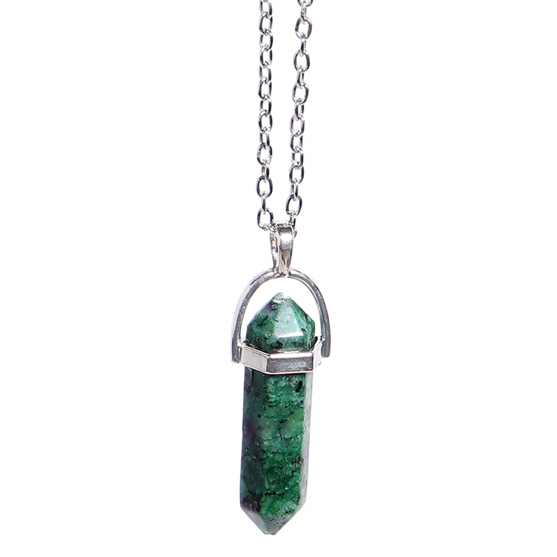 Collana con colonna esagonale fluorescente in pietra luminosa scura