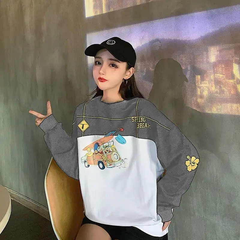 Fashion Printing Letter Cartoon Casual Sweatshirts Female Clothing 2023 Autumn Oversized All-match Pullovers Korean Sweatshirts