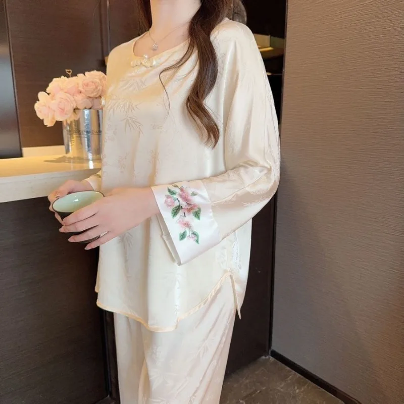 Neo-chinese Style Chinese-style Pajamas Ms. Spring Autumn Ice Silk Deluxe Suit Long-sleeved Trousers Loungewear Can Worn Outside