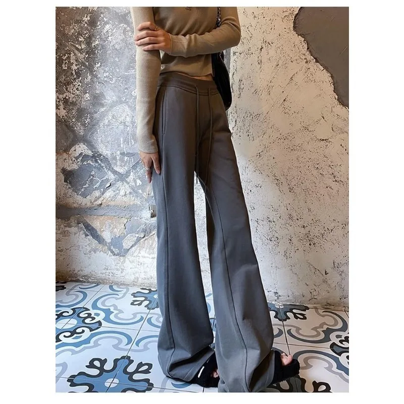 QWEEK Black Vintage Fleece Flared Women's Pants Winter Gray Harajuku Korean Fashion High Waist Leggings Trousers Sport Jogging