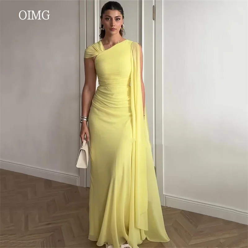 OIMG Elegant Yellow A-line Prom Gowns Cape Sleeve Formal Party Gown Chiffon Evening Dress vestidos de fiesta Customized 1
