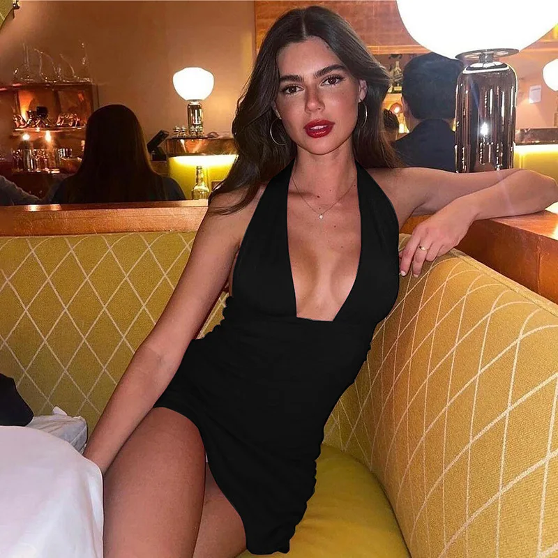 V-Neck Slim Hot Backless Mini Dress Female Bandage Solid Summer Halter Patchwork Elegant Party Dress Clothes Women Dress
