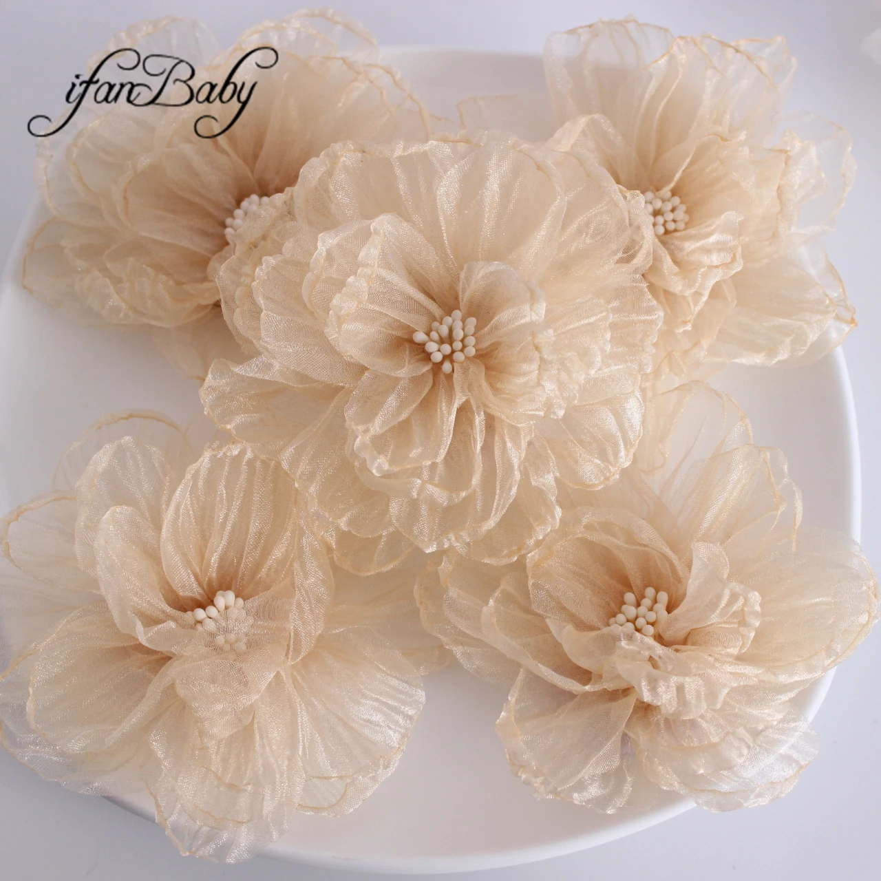 9-10cm Singed Organza Flores Tecido Queimar Decorações